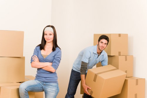 Packed office equipment ready for transport during a Finsbury Park relocation